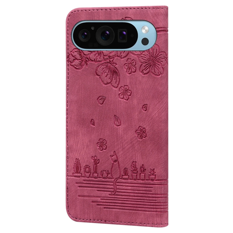For Google Pixel 10 / 9 / 9 Pro Cartoon Sakura Cat Embossed Leather Phone Case(Red) by buy2fix
