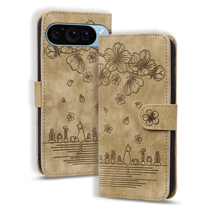 For Google Pixel 9 Pro XL / 10 Pro XL Cartoon Sakura Cat Embossed Leather Phone Case(Brown) by buy2fix