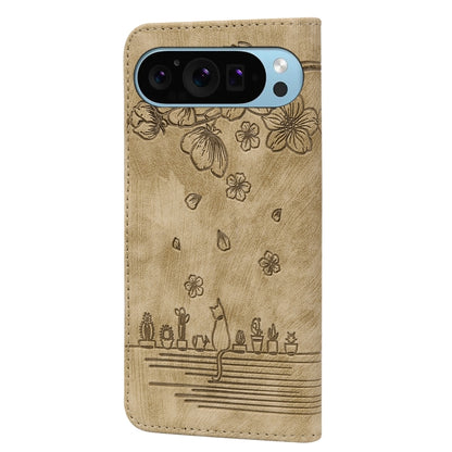 For Google Pixel 9 Pro XL / 10 Pro XL Cartoon Sakura Cat Embossed Leather Phone Case(Brown) by buy2fix