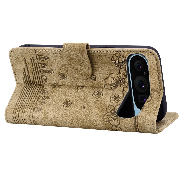 For Google Pixel 9 Pro XL / 10 Pro XL Cartoon Sakura Cat Embossed Leather Phone Case(Brown) by buy2fix