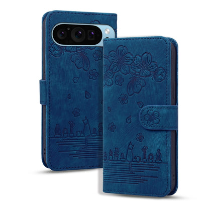 For Google Pixel 9 Pro XL / 10 Pro XL Cartoon Sakura Cat Embossed Leather Phone Case(Blue) by buy2fix