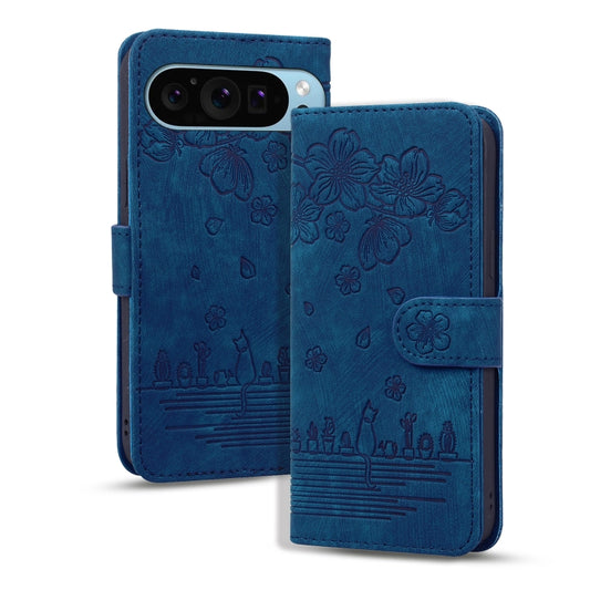 For Google Pixel 9 Pro XL / 10 Pro XL Cartoon Sakura Cat Embossed Leather Phone Case(Blue) by buy2fix