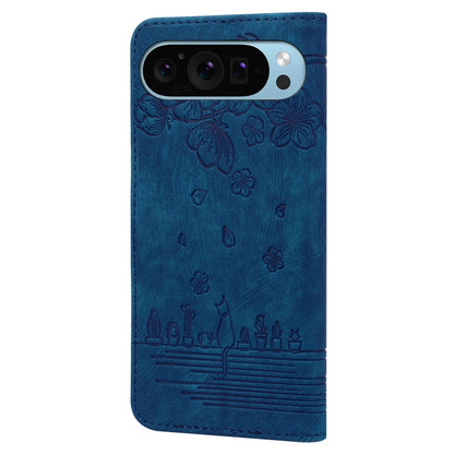 For Google Pixel 9 Pro XL / 10 Pro XL Cartoon Sakura Cat Embossed Leather Phone Case(Blue) by buy2fix