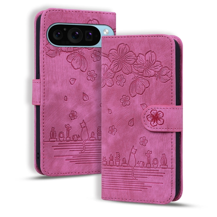For Google Pixel 9 Pro XL / 10 Pro XL Cartoon Sakura Cat Embossed Leather Phone Case(Rose Red) by buy2fix
