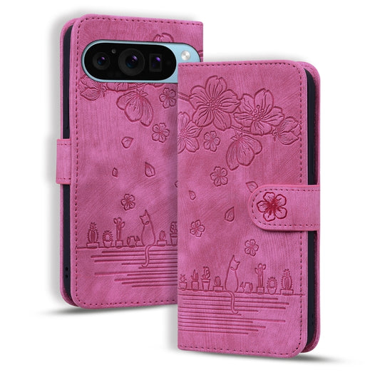 For Google Pixel 9 Pro XL / 10 Pro XL Cartoon Sakura Cat Embossed Leather Phone Case(Rose Red) by buy2fix