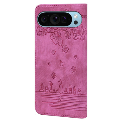 For Google Pixel 9 Pro XL / 10 Pro XL Cartoon Sakura Cat Embossed Leather Phone Case(Rose Red) by buy2fix