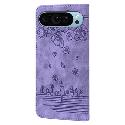 For Google Pixel 9 Pro XL / 10 Pro XL Cartoon Sakura Cat Embossed Leather Phone Case(Purple) by buy2fix
