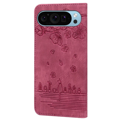 For Google Pixel 9 Pro XL / 10 Pro XL Cartoon Sakura Cat Embossed Leather Phone Case(Red) by buy2fix