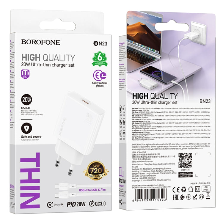 BOROFONE BN23 PD 20W Type-C Charger with 1m Type-C to Type-C Cable Set, Plug Type:EU Plug(White) - USB Charger by Borofone | Online Shopping UK | buy2fix