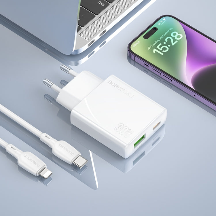 BOROFONE BN25 PD 30W USB, Type-C Charger with 1m Type-C to 8 Pin Cable Set, Plug Type:EU Plug(White) - USB Charger by Borofone | Online Shopping UK | buy2fix