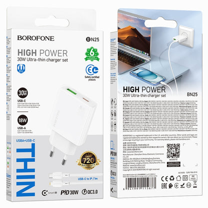 BOROFONE BN25 PD 30W USB, Type-C Charger with 1m Type-C to 8 Pin Cable Set, Plug Type:EU Plug(White) - USB Charger by Borofone | Online Shopping UK | buy2fix
