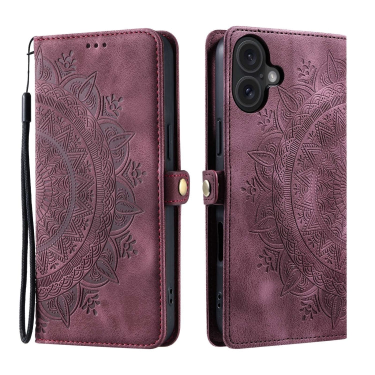 For iPhone 16 Plus Skin Feel Totem Embossed Leather Phone Case(Wine Red) - iPhone 16 Plus Cases by buy2fix | Online Shopping UK | buy2fix