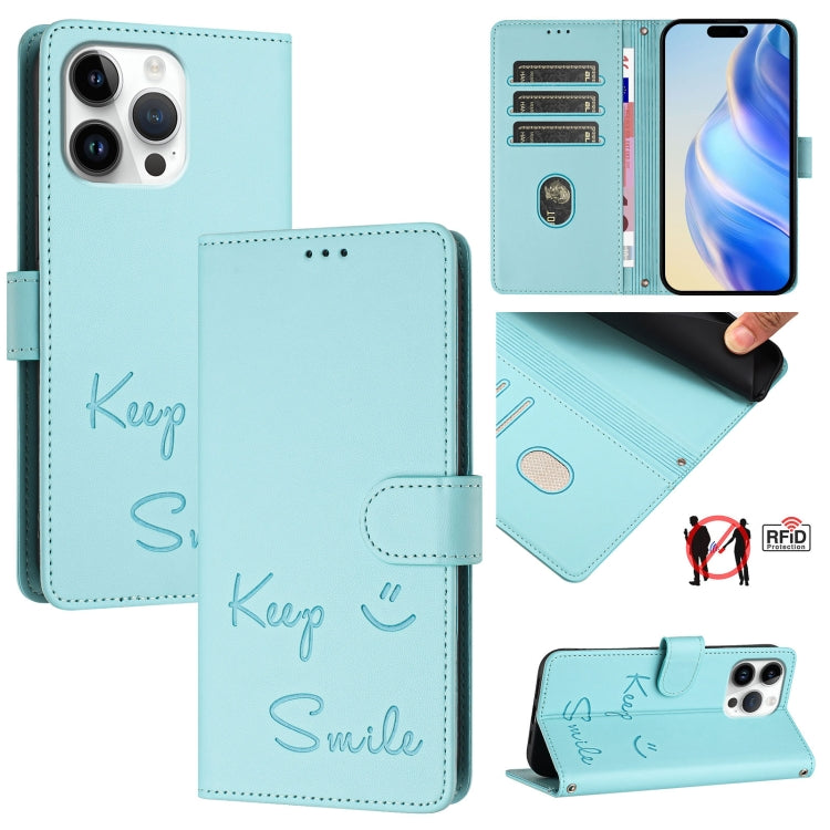 For iPhone 16 Pro Max Smile Embossing RFID Leather Phone Case(Mint Green) by buy2fix