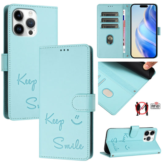 For iPhone 16 Pro Max Smile Embossing RFID Leather Phone Case(Mint Green) by buy2fix