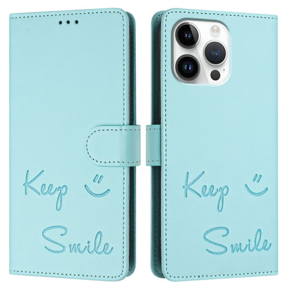 For iPhone 16 Pro Max Smile Embossing RFID Leather Phone Case(Mint Green) by buy2fix