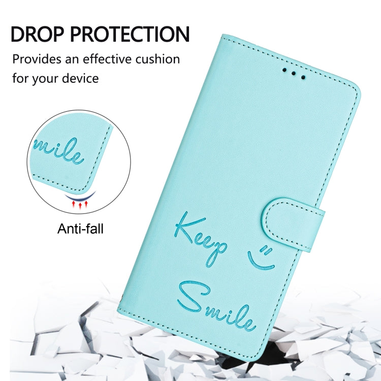For iPhone 16 Pro Max Smile Embossing RFID Leather Phone Case(Mint Green) by buy2fix