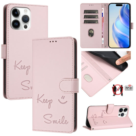 For iPhone 16 Pro Max Smile Embossing RFID Leather Phone Case(Pink) by buy2fix