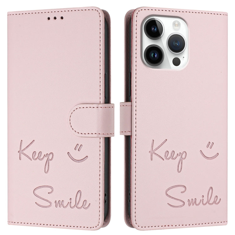 For iPhone 16 Pro Max Smile Embossing RFID Leather Phone Case(Pink) by buy2fix