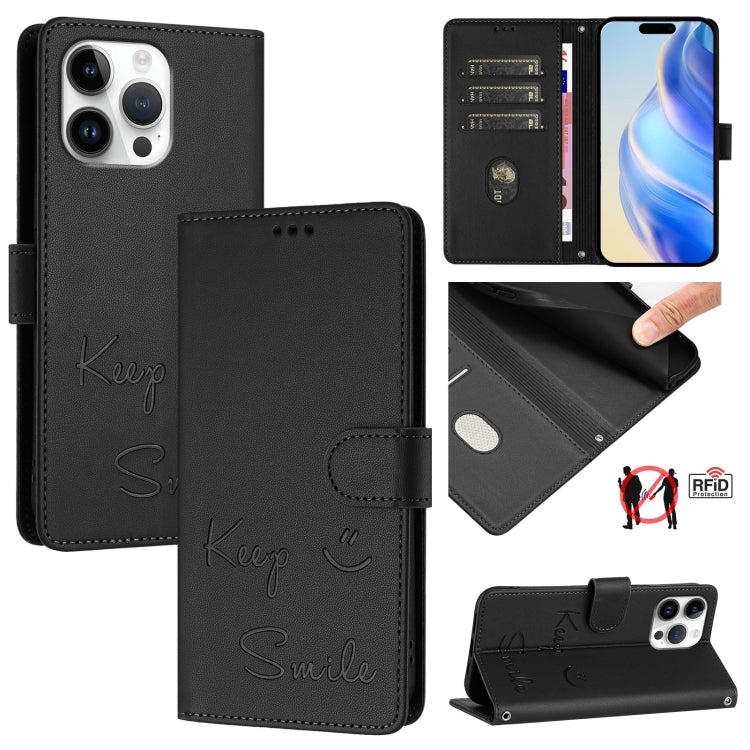 For iPhone 16 Pro Max Smile Embossing RFID Leather Phone Case(Black) by buy2fix