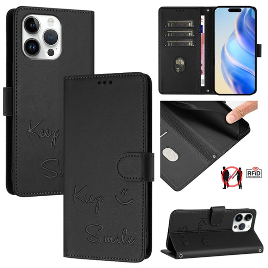 For iPhone 16 Pro Max Smile Embossing RFID Leather Phone Case(Black) by buy2fix