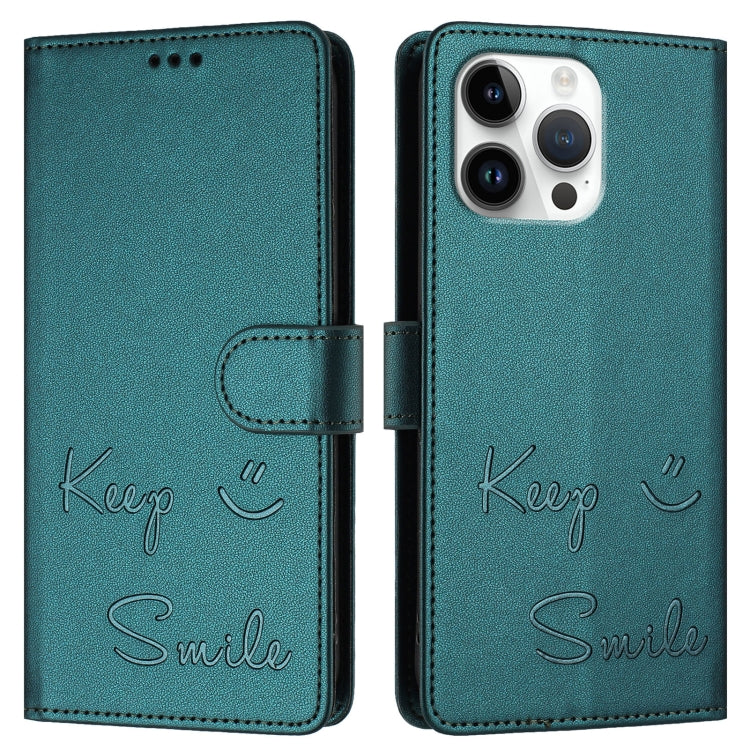 For iPhone 16 Pro Max Smile Embossing RFID Leather Phone Case(Peacock Green) by buy2fix