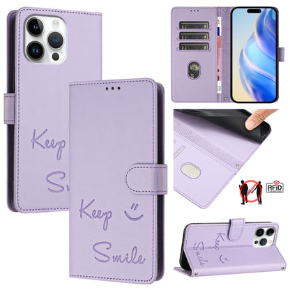 For iPhone 16 Pro Max Smile Embossing RFID Leather Phone Case(Light Purple) by buy2fix