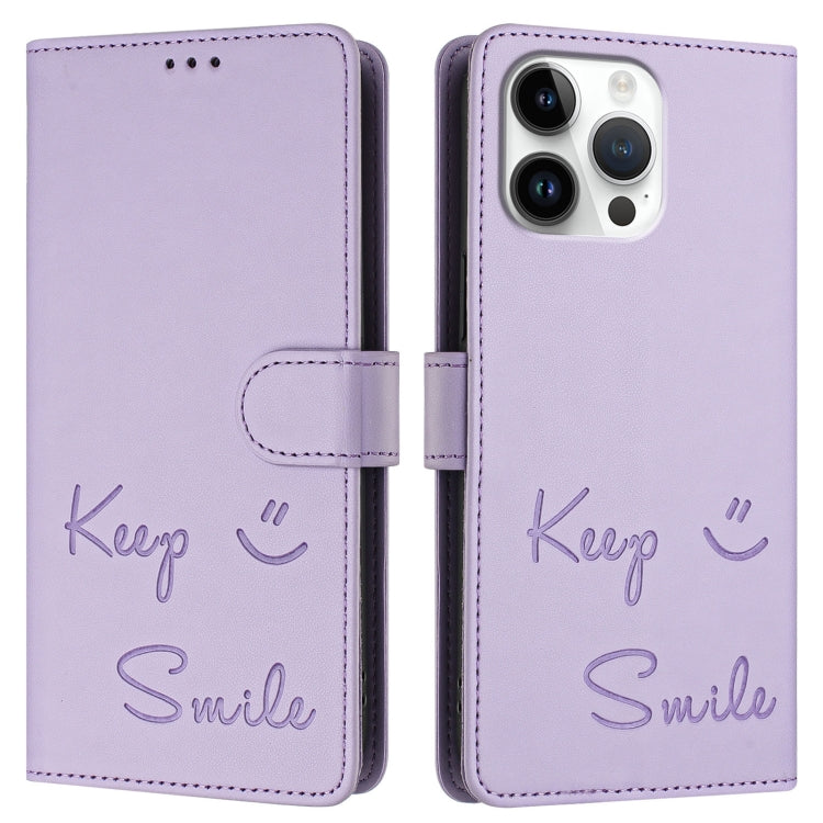 For iPhone 16 Pro Max Smile Embossing RFID Leather Phone Case(Light Purple) by buy2fix