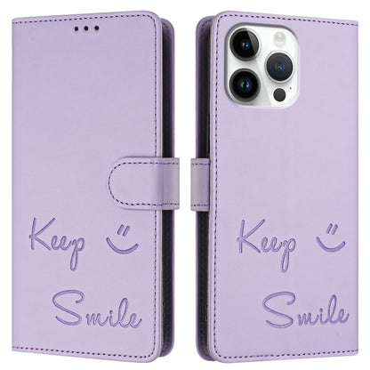 For iPhone 16 Pro Max Smile Embossing RFID Leather Phone Case(Light Purple) by buy2fix