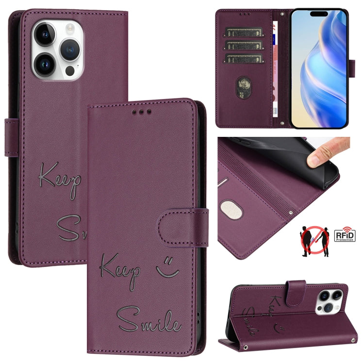 For iPhone 16 Pro Max Smile Embossing RFID Leather Phone Case(Violet) by buy2fix