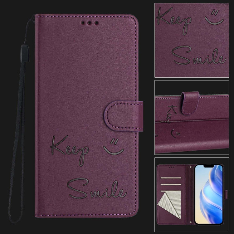 For iPhone 16 Pro Max Smile Embossing RFID Leather Phone Case(Violet) by buy2fix