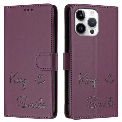 For iPhone 16 Pro Max Smile Embossing RFID Leather Phone Case(Violet) by buy2fix