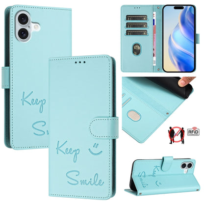 For iPhone 16 Plus Smile Embossing RFID Leather Phone Case(Mint Green) - iPhone 16 Plus Cases by buy2fix | Online Shopping UK | buy2fix