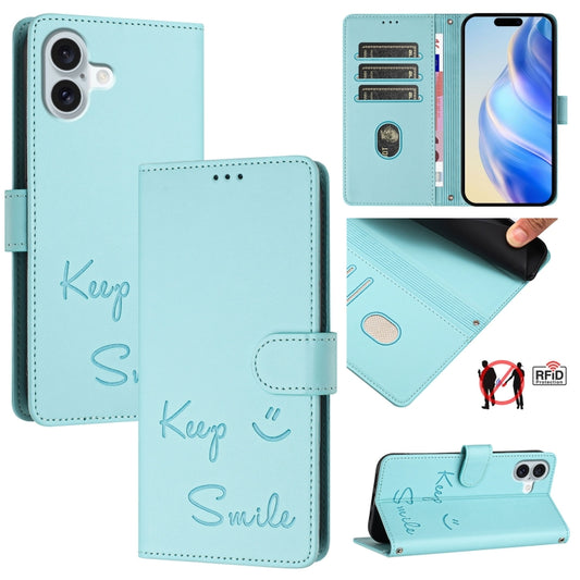 For iPhone 16 Plus Smile Embossing RFID Leather Phone Case(Mint Green) - iPhone 16 Plus Cases by buy2fix | Online Shopping UK | buy2fix