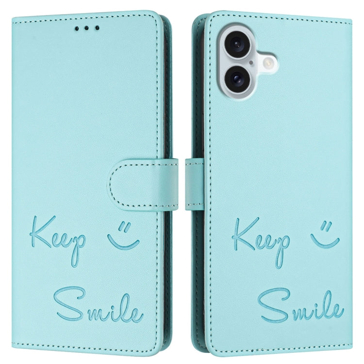 For iPhone 16 Plus Smile Embossing RFID Leather Phone Case(Mint Green) - iPhone 16 Plus Cases by buy2fix | Online Shopping UK | buy2fix