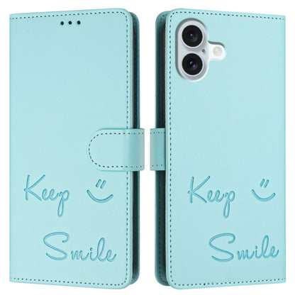 For iPhone 16 Plus Smile Embossing RFID Leather Phone Case(Mint Green) - iPhone 16 Plus Cases by buy2fix | Online Shopping UK | buy2fix