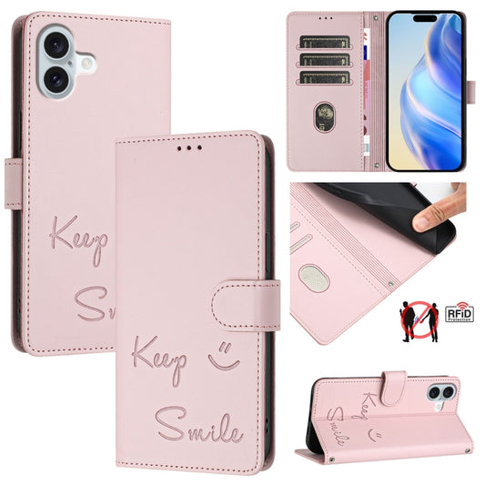 For iPhone 16 Plus Smile Embossing RFID Leather Phone Case(Pink) - iPhone 16 Plus Cases by buy2fix | Online Shopping UK | buy2fix