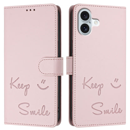 For iPhone 16 Plus Smile Embossing RFID Leather Phone Case(Pink) - iPhone 16 Plus Cases by buy2fix | Online Shopping UK | buy2fix