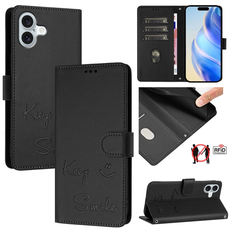 For iPhone 16 Plus Smile Embossing RFID Leather Phone Case(Black) - iPhone 16 Plus Cases by buy2fix | Online Shopping UK | buy2fix