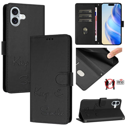 For iPhone 16 Plus Smile Embossing RFID Leather Phone Case(Black) - iPhone 16 Plus Cases by buy2fix | Online Shopping UK | buy2fix