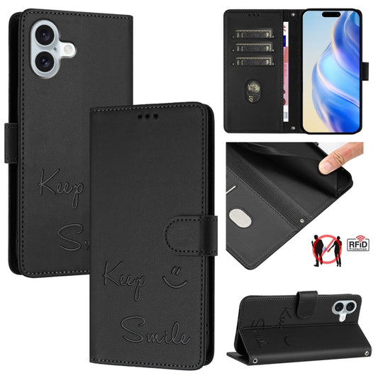 For iPhone 16 Plus Smile Embossing RFID Leather Phone Case(Black) - iPhone 16 Plus Cases by buy2fix | Online Shopping UK | buy2fix