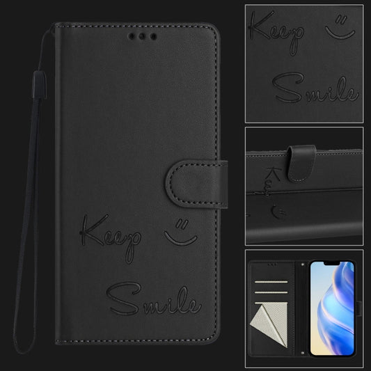 For iPhone 16 Plus Smile Embossing RFID Leather Phone Case(Black) - iPhone 16 Plus Cases by buy2fix | Online Shopping UK | buy2fix