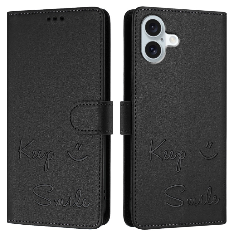 For iPhone 16 Plus Smile Embossing RFID Leather Phone Case(Black) - iPhone 16 Plus Cases by buy2fix | Online Shopping UK | buy2fix