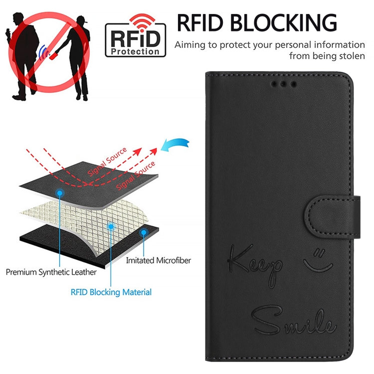 For iPhone 16 Plus Smile Embossing RFID Leather Phone Case(Black) - iPhone 16 Plus Cases by buy2fix | Online Shopping UK | buy2fix