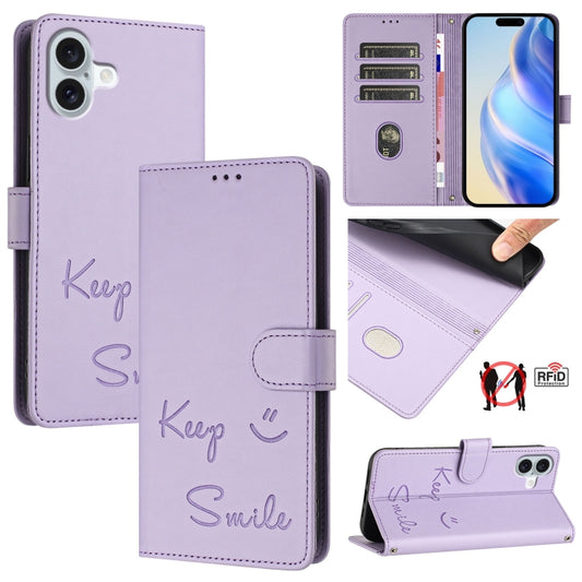 For iPhone 16 Plus Smile Embossing RFID Leather Phone Case(Light Purple) - iPhone 16 Plus Cases by buy2fix | Online Shopping UK | buy2fix