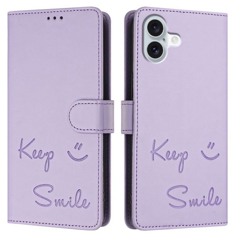 For iPhone 16 Plus Smile Embossing RFID Leather Phone Case(Light Purple) - iPhone 16 Plus Cases by buy2fix | Online Shopping UK | buy2fix