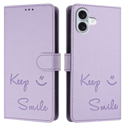 For iPhone 16 Plus Smile Embossing RFID Leather Phone Case(Light Purple) - iPhone 16 Plus Cases by buy2fix | Online Shopping UK | buy2fix