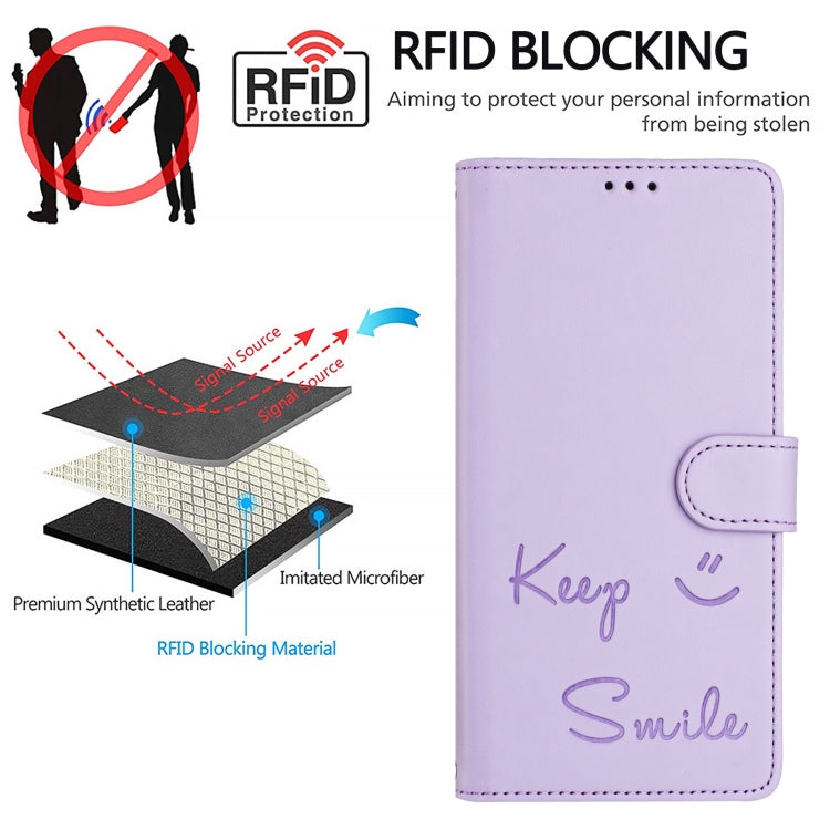 For iPhone 16 Plus Smile Embossing RFID Leather Phone Case(Light Purple) - iPhone 16 Plus Cases by buy2fix | Online Shopping UK | buy2fix
