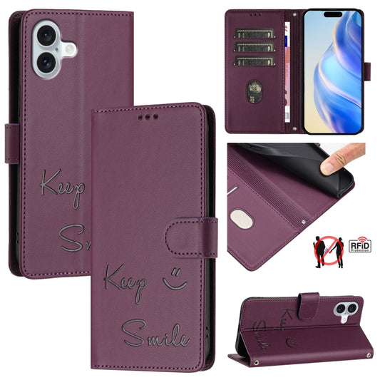 For iPhone 16 Plus Smile Embossing RFID Leather Phone Case(Violet) - iPhone 16 Plus Cases by buy2fix | Online Shopping UK | buy2fix