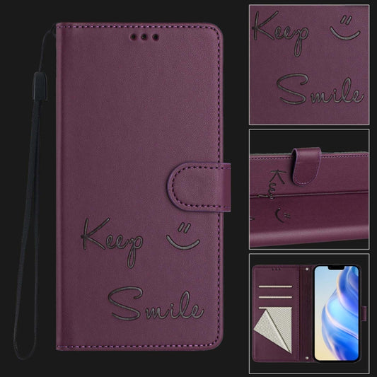 For iPhone 16 Plus Smile Embossing RFID Leather Phone Case(Violet) - iPhone 16 Plus Cases by buy2fix | Online Shopping UK | buy2fix