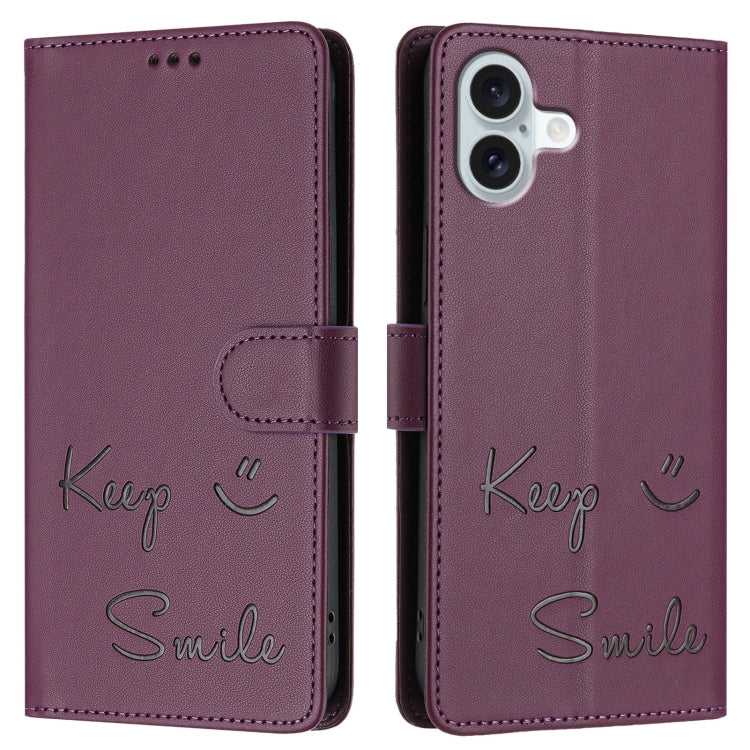 For iPhone 16 Plus Smile Embossing RFID Leather Phone Case(Violet) - iPhone 16 Plus Cases by buy2fix | Online Shopping UK | buy2fix